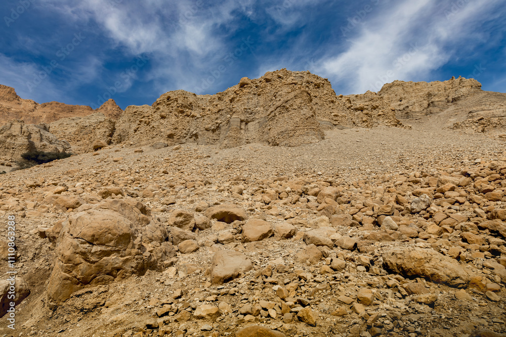 Wadi Arugot National Park is a desolate rocky landscape Wadi Arugot National Park is a desolate rocky landscape