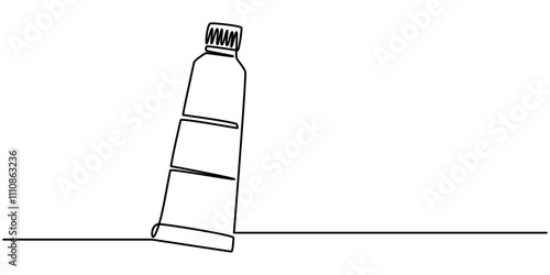 Continuous line drawing of toothbrush and toothpaste, object one line, single line art, vector illustration, Continuous one line drawing of close up of a toothpaste tube in silhouette on a white.