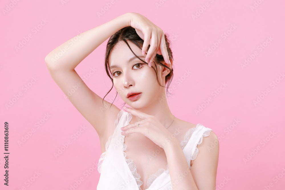 Pretty Asian woman model perfect clear fresh skin on isolated pink background. Portrait female beauty blogger make up artist in studio. Skincare, plastic surgery, spa concept. Pretty Asian woman model perfect clear fresh skin on isolated pink background. Portrait female beauty blogger make up artist in studio. Skincare, plastic surgery, spa concept.