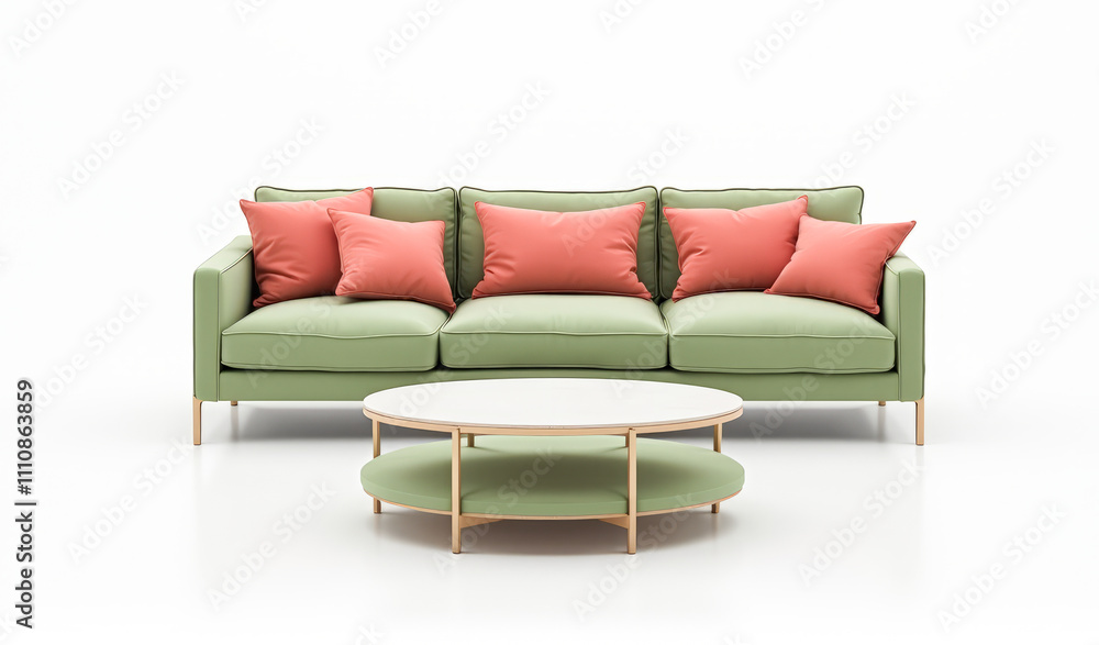 Fototapeta premium light green sofa with coffee table on a white background