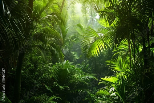 Tropical jungle plants covering the forest floor during golden hour