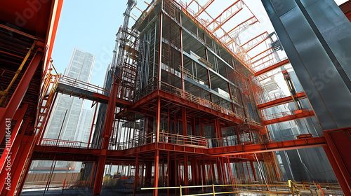 A large building construction site, Steel structural forming the framework of the building. The construction process 