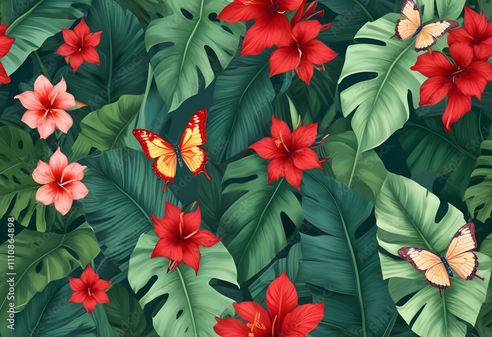 Tropical exotic pattern with animal and flowers in bright colors and lush vegetationn Tropical exotic pattern with animal and flowers in bright colors and lush vegetationn