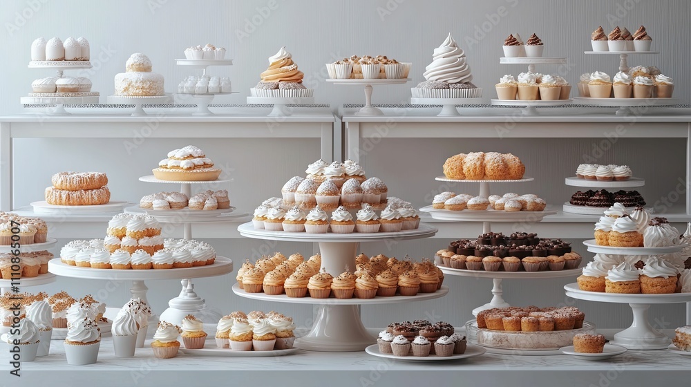 An Elegant Display Of Delicious White And Brown Cakes And Cupcakes An Elegant Display Of Delicious White And Brown Cakes And Cupcakes