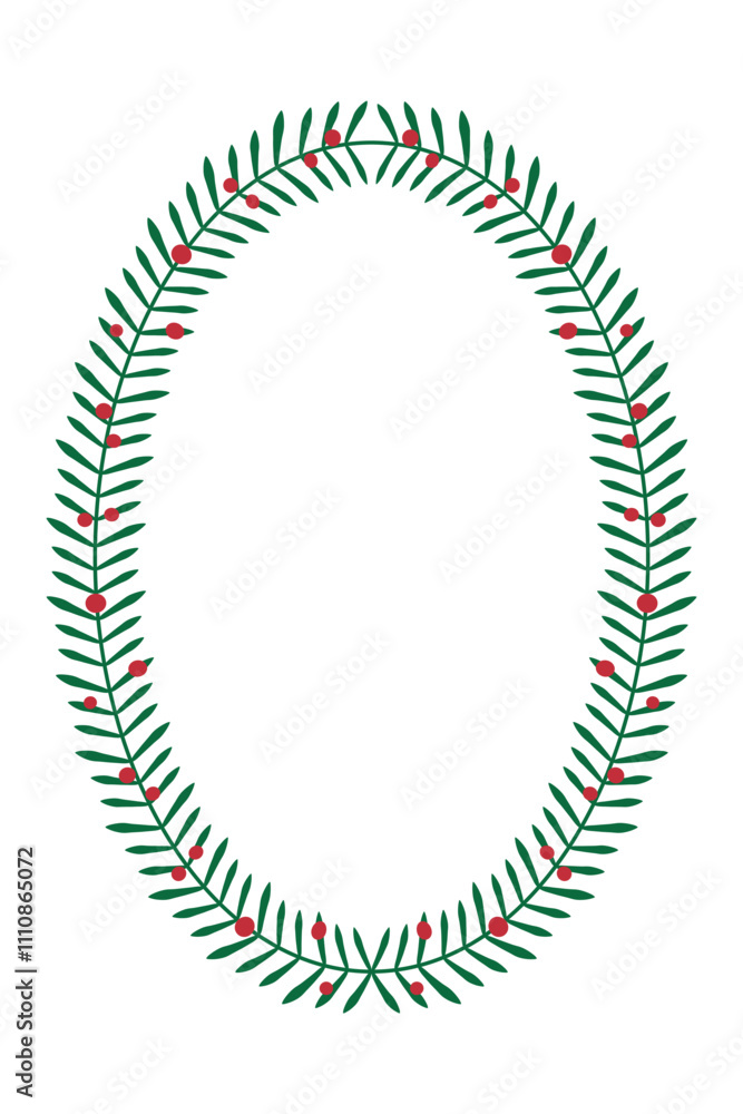 Elegant oval Christmas frame with pine branches and red berries in a minimalist design. Perfect for holiday cards, invitations, and seasonal decorations Elegant oval Christmas frame with pine branches and red berries in a minimalist design. Perfect for holiday cards, invitations, and seasonal decorations