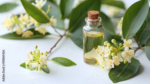 Closeup of lemon myrtle leaves and flowers with a container of essential oil against a white backdrop with lots of content space, Generative AI.