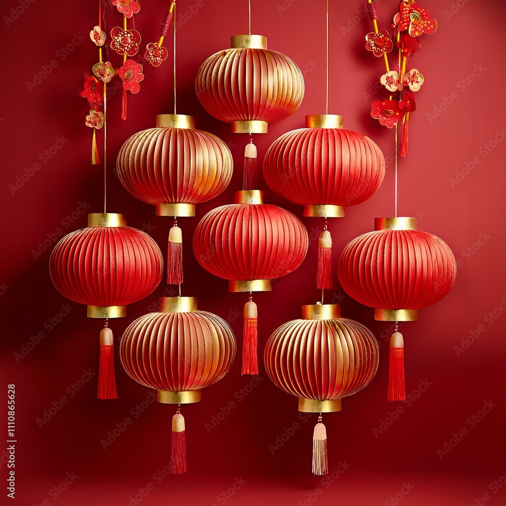 Chinese New Year lanterns, minimalist red and gold decorations, paper cut Chinese New Year lanterns, minimalist red and gold decorations, paper cut