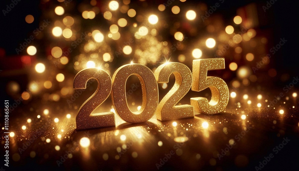 Golden glittery '2025' numbers surrounded by festive bokeh lights, celebrating the New Year Golden glittery '2025' numbers surrounded by festive bokeh lights, celebrating the New Year