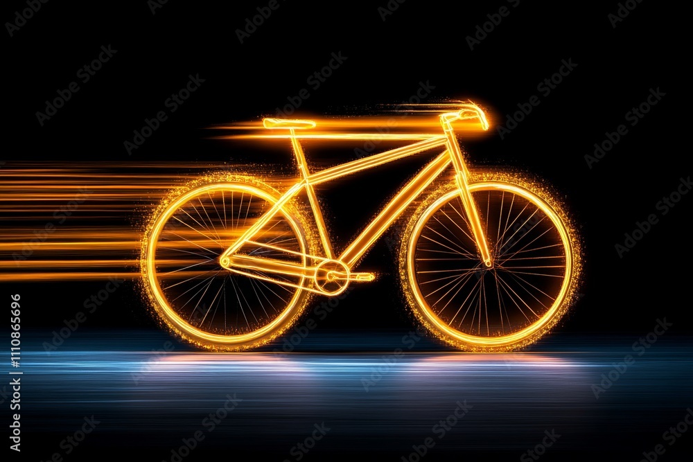 Fototapeta premium A magical bicycle with glowing wheels and a golden frame, flying through a starry night sky with glittering trails behind it