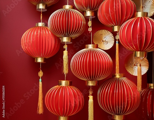 Chinese New Year lanterns, minimalist red and gold decorations, paper cut