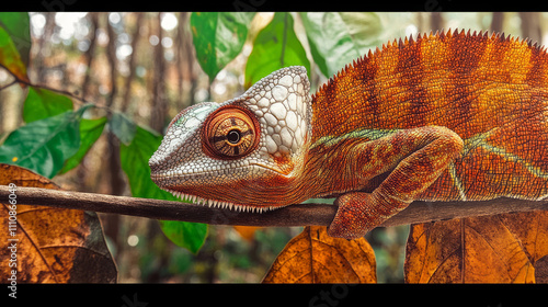 Orange Chameleon Resting on a Branch - Captivating Wildlife Photography photo