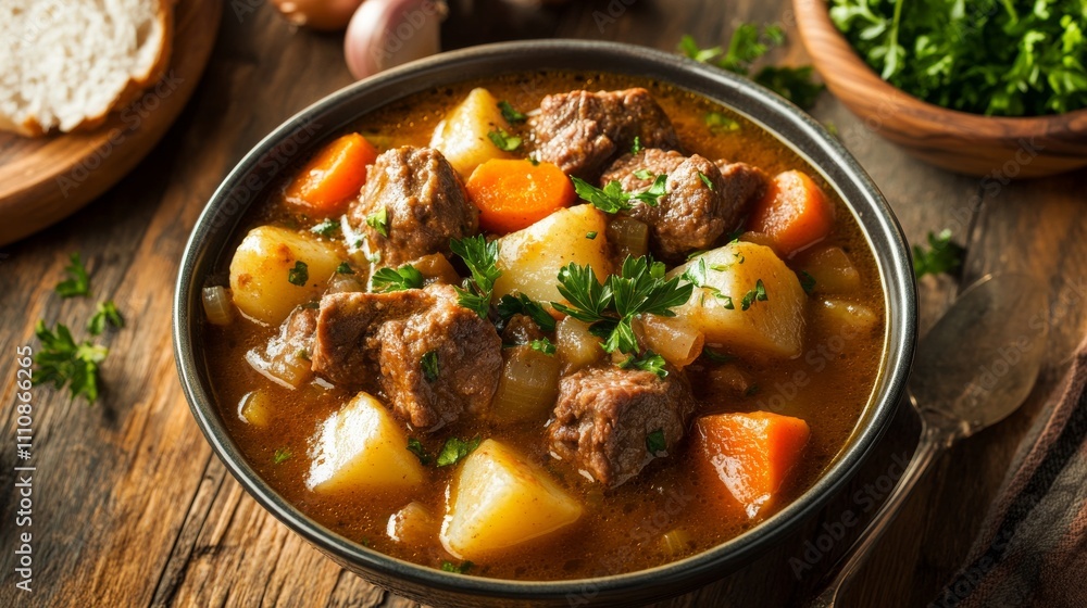Photo of, A bowl of hearty beef stew filled with tender chunks of meat and root vegetables, Stew in bowl Photo of, A bowl of hearty beef stew filled with tender chunks of meat and root vegetables, Stew in bowl