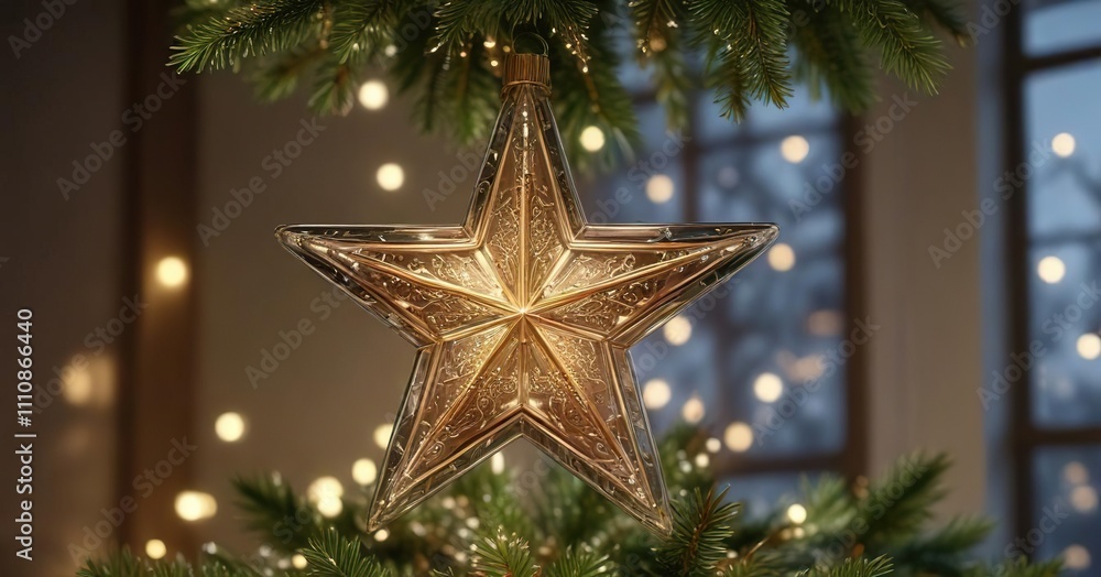 A beautiful star-shaped ornament shining brightly on top of a well-lit glass Christmas tree, shining bright, glittering lights, decorative star A beautiful star-shaped ornament shining brightly on top of a well-lit glass Christmas tree, shining bright, glittering lights, decorative star