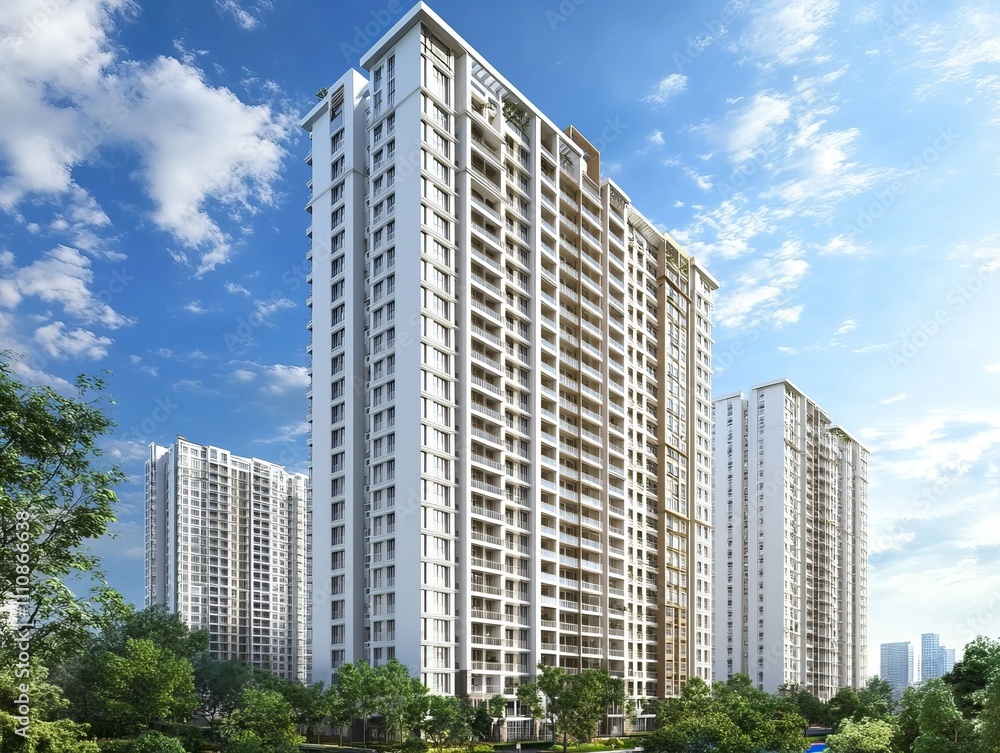 Modern residential skyscraper with white balconies, surrounded by greenery and Cityscape, bright sunny day with blue sky and clouds, luxury urban living, real estate architecture. Modern residential skyscraper with white balconies, surrounded by greenery and Cityscape, bright sunny day with blue sky and clouds, luxury urban living, real estate architecture.