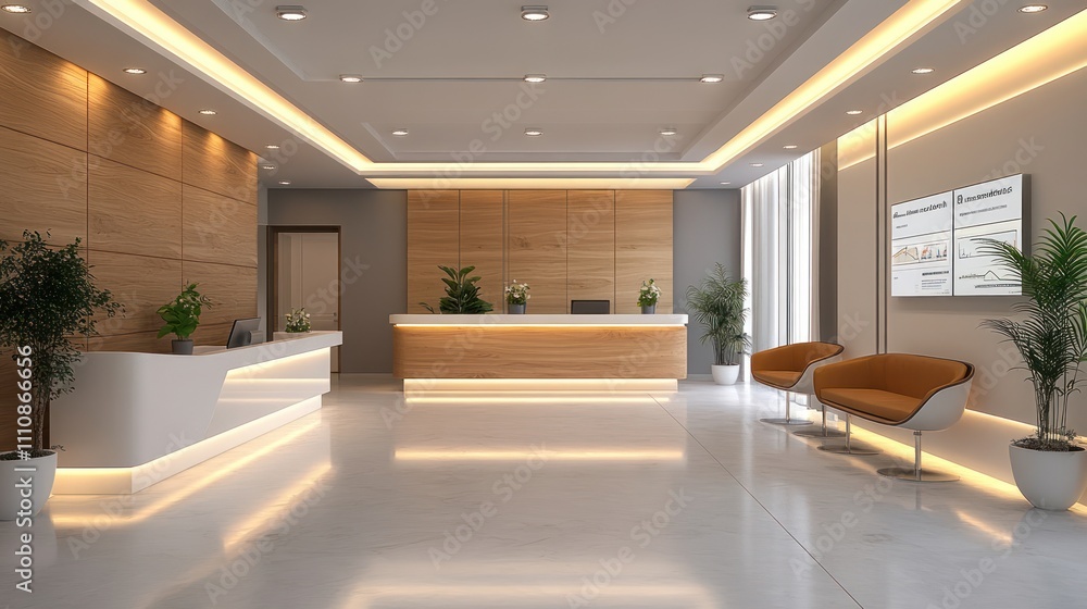 A modern office reception area with a white and wood reception desk, two chairs, and plants. A modern office reception area with a white and wood reception desk, two chairs, and plants.