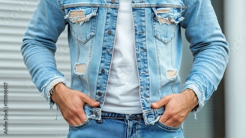 A stylish young man wearing a ripped denim jacket and jeans, exuding a relaxed and confident vibe against a modern background. photo