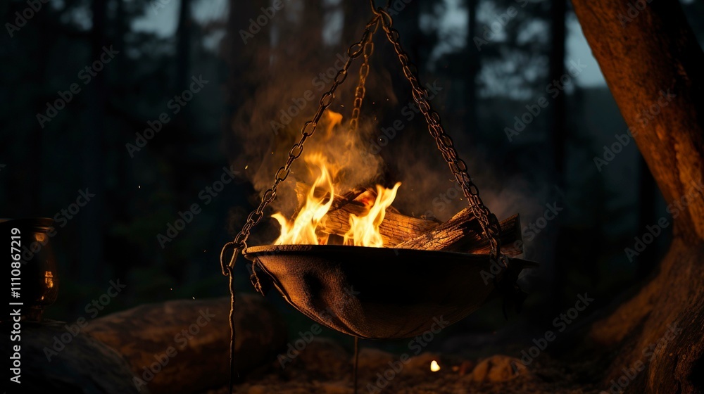 A photo of a campfire with a pot hanging A photo of a campfire with a pot hanging