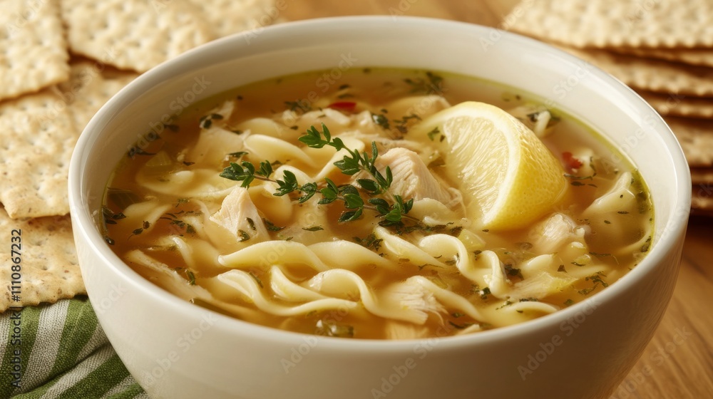 Photo of, A bowl of hearty chicken noodle soup garnished with chopped parsley and served with oyster crackers, Chicken noodle soup bowl centered Photo of, A bowl of hearty chicken noodle soup garnished with chopped parsley and served with oyster crackers, Chicken noodle soup bowl centered