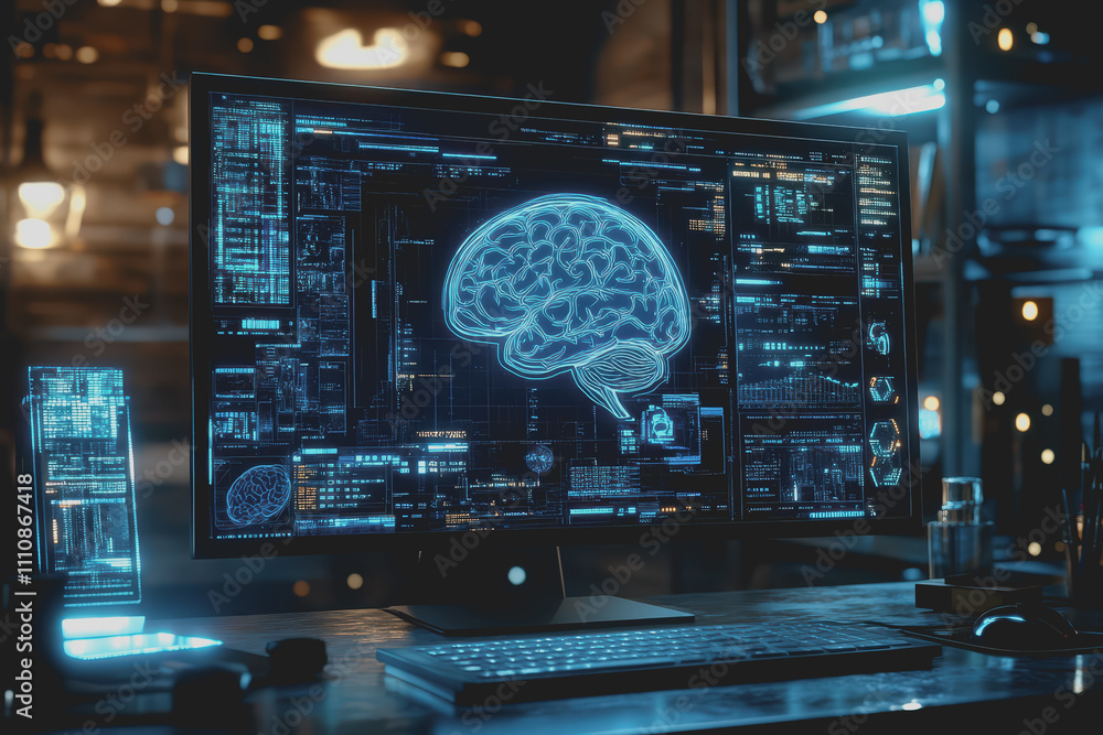 Double exposure of desktop with computer and brain drawing hologram. Artificial intelligence concept Double exposure of desktop with computer and brain drawing hologram. Artificial intelligence concept
