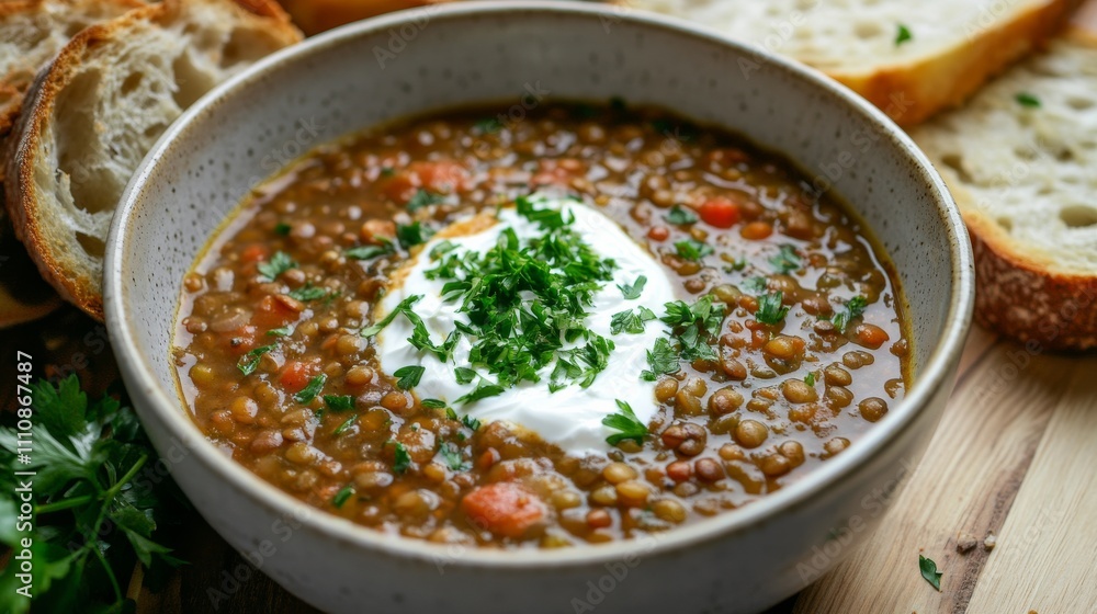 Photo of, A bowl of hearty lentil soup garnished with a swirl of Greek yogurt and a sprinkle of chopped fresh parsley, Lentil soup bowl centered Photo of, A bowl of hearty lentil soup garnished with a swirl of Greek yogurt and a sprinkle of chopped fresh parsley, Lentil soup bowl centered