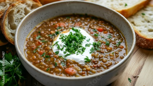 Photo of, A bowl of hearty lentil soup garnished with a swirl of Greek yogurt and a sprinkle of chopped fresh parsley, Lentil soup bowl centered