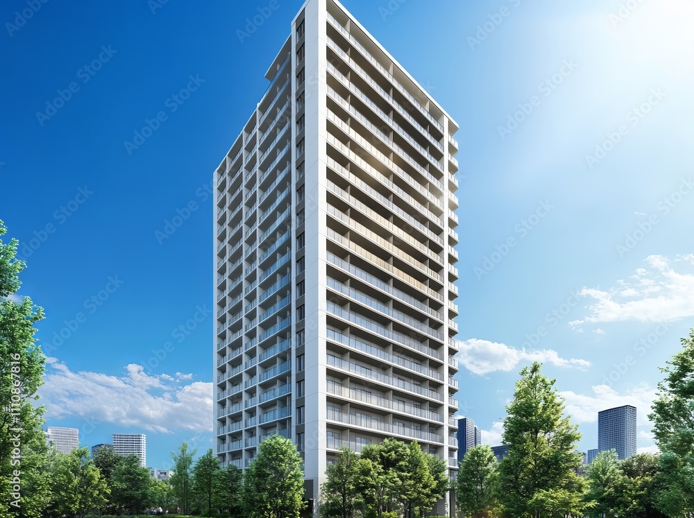A high-quality photo of a modern high-rise apartment building, featuring balconies against a bright blue sky with white clouds and greenery on the balconies. A high-quality photo of a modern high-rise apartment building, featuring balconies against a bright blue sky with white clouds and greenery on the balconies.