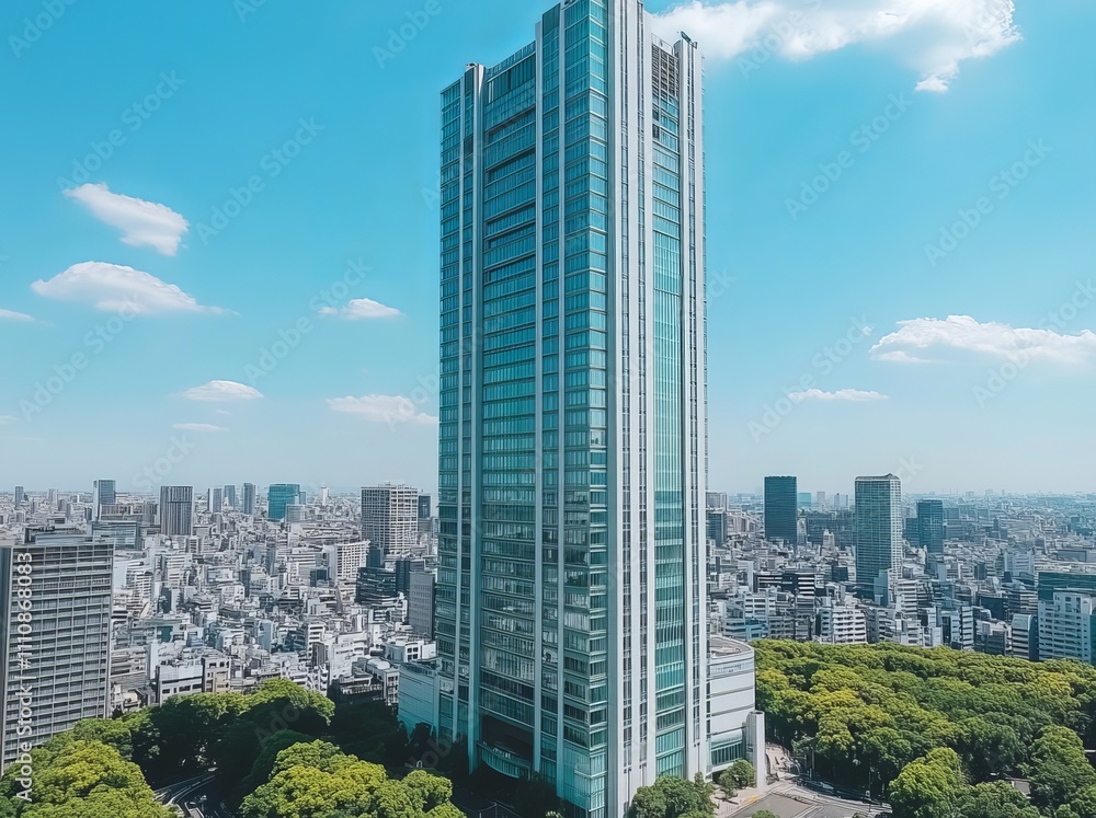 Obraz premium A high-quality photo of a modern high-rise apartment building, featuring balconies against a bright blue sky with white clouds and greenery on the balconies.