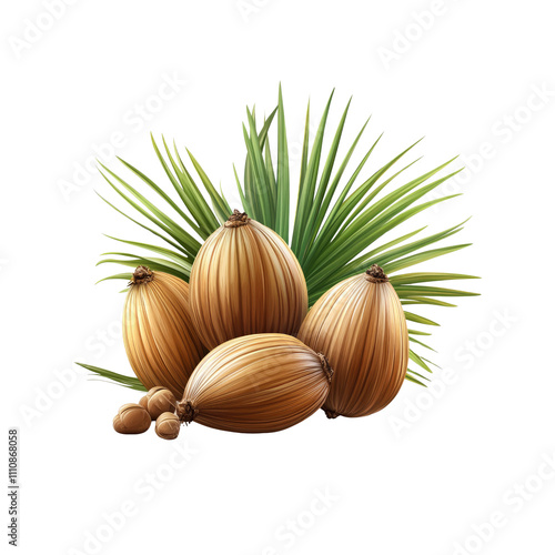 Group of Atamar�a Palm Fruits with Palm Frond - Tropical Botanical Illustration
