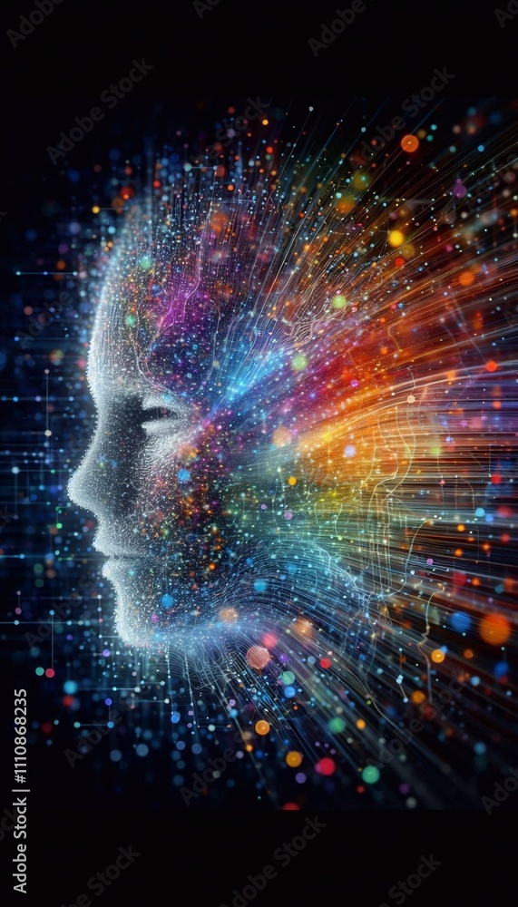 Human face dissolving into colorful particles, symbolizing the fusion of humanity and technology Human face dissolving into colorful particles, symbolizing the fusion of humanity and technology