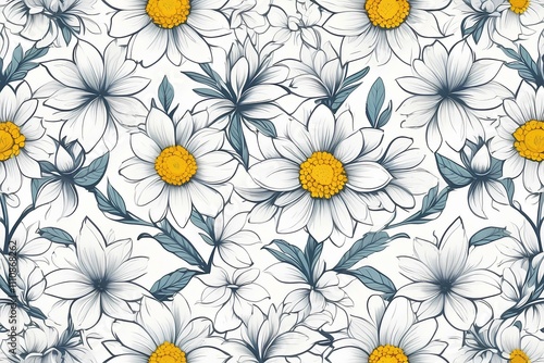 Floral Pattern Featuring Detailed Daisy Motifs and Green Leaves 