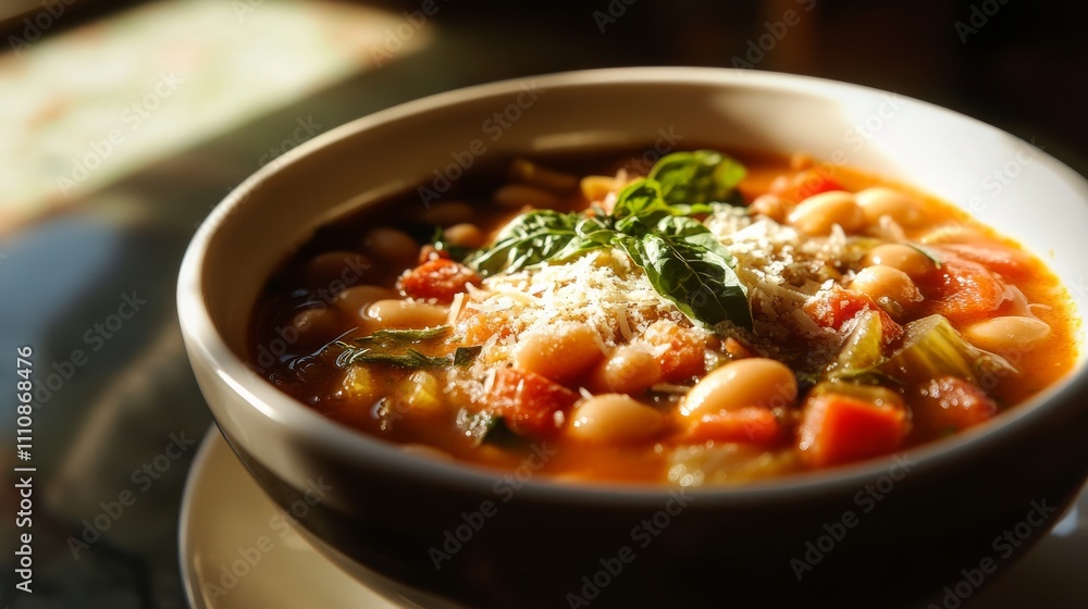 Photo of, A bowl of hearty minestrone soup filled with beans, pasta Photo of, A bowl of hearty minestrone soup filled with beans, pasta