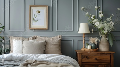 Cozy bedroom with neutral tones  framed art  and floral decor on a bedside table.