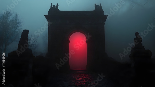 An Ominous Encounter with a Dark Portal Amidst Crumbling Gothic Architecture and Silencing Shadows photo