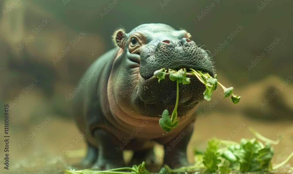 Fototapeta premium A pygmy hippopotamus is eating grass at the water's edge in the zoo. 