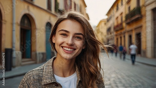 appy young caucasian girl smiling at camera standing at city street.