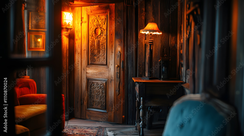 An Enchanting Rustic Wooden Door Portal with Glowing Carvings in a Cozy Cabin Surrounded by Vintage Comforts An Enchanting Rustic Wooden Door Portal with Glowing Carvings in a Cozy Cabin Surrounded by Vintage Comforts
