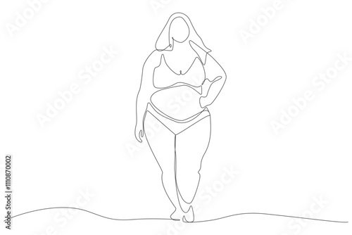 Body positive art. Beautiful curvaceous woman body continuous line drawing. Vector illustration