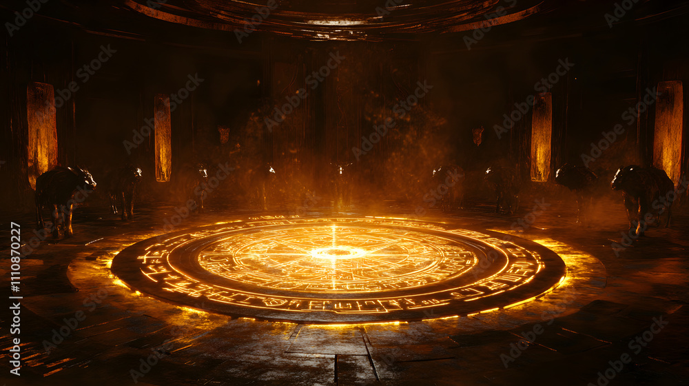 An Enigmatic Summoning Circle in the Heart of a Spaceship with Oxen Adorned in Futuristic Metallic Shine & Ancient Runes An Enigmatic Summoning Circle in the Heart of a Spaceship with Oxen Adorned in Futuristic Metallic Shine & Ancient Runes