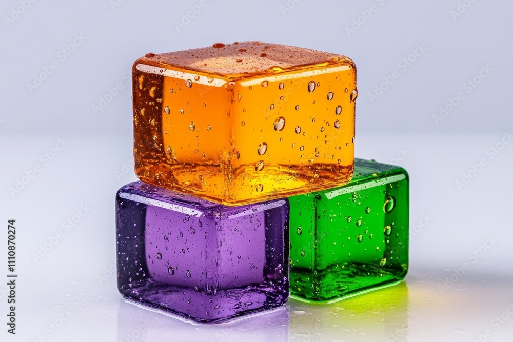 Obraz premium A translucent cube filled with colorful liquid, placed on a white background under direct light