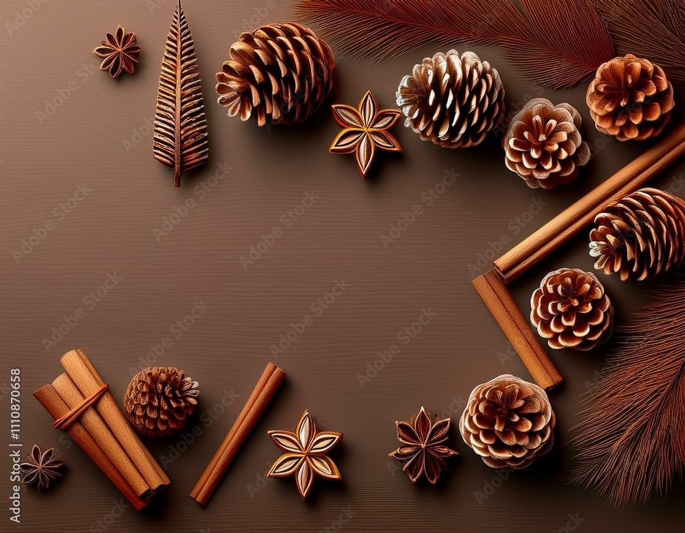 Festive sale banner, pine cones and cinnamon sticks, cozy winter theme Festive sale banner, pine cones and cinnamon sticks, cozy winter theme