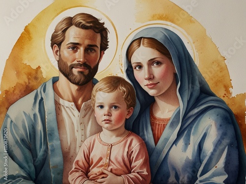 Auf einem Gemälde ist die heilige Familie abgebildet, Maria und Josef mit dem Jesuskind photo