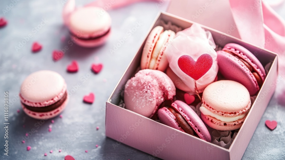 Fototapeta premium Assorted pink macarons in gift box with heart decorations, perfect for Valentine's Day