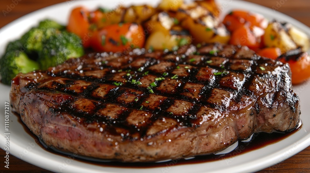 A delicious grilled steak served with vegetables on a plate. A delicious grilled steak served with vegetables on a plate.