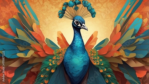 An illustration of a peacock dressed like a human. An imaginative depiction of a wild animal on an abstract backdrop. animal that is anthropomorphic.