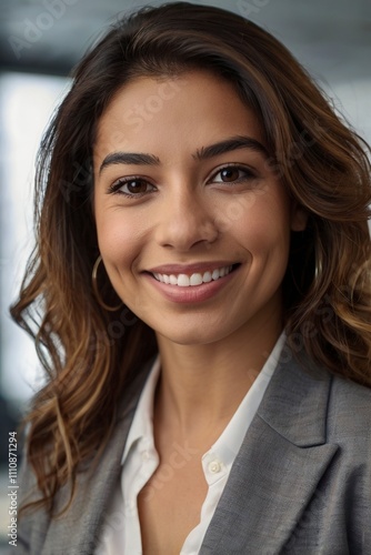 Headshot close up face portrait of young happy smiling Hispanic businesswoman,