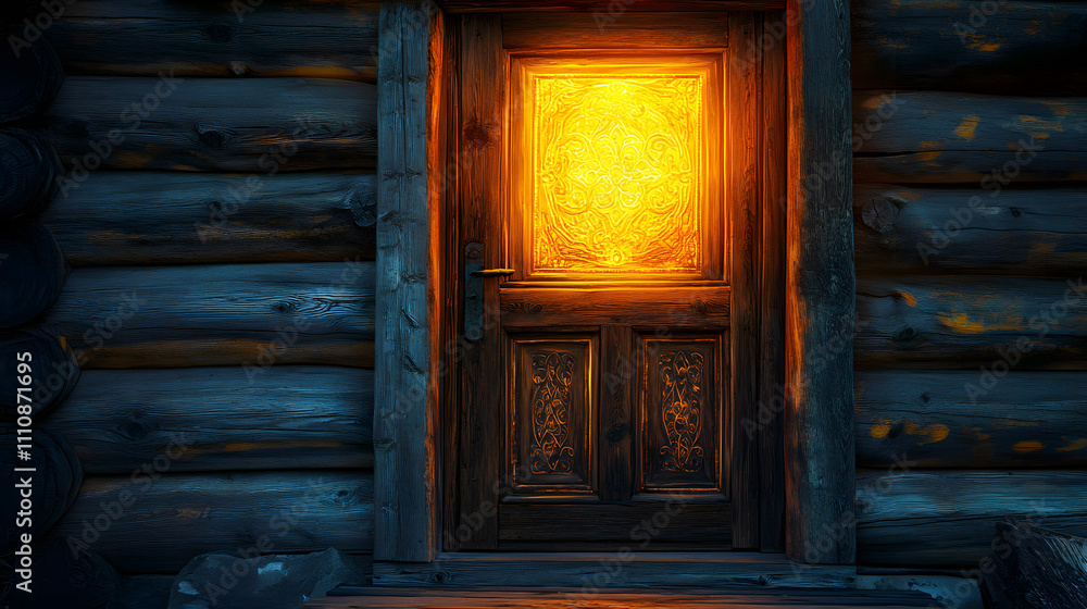An Inviting Rustic Wooden Door-Like Portal with Delicate Glowing Carvings Nestled in a Tranquil Cozy Cabin An Inviting Rustic Wooden Door-Like Portal with Delicate Glowing Carvings Nestled in a Tranquil Cozy Cabin
