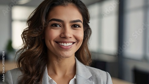 Headshot close up face portrait of young happy smiling Hispanic businesswoman,