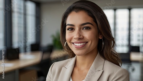 Headshot close up face portrait of young happy smiling Hispanic businesswoman,