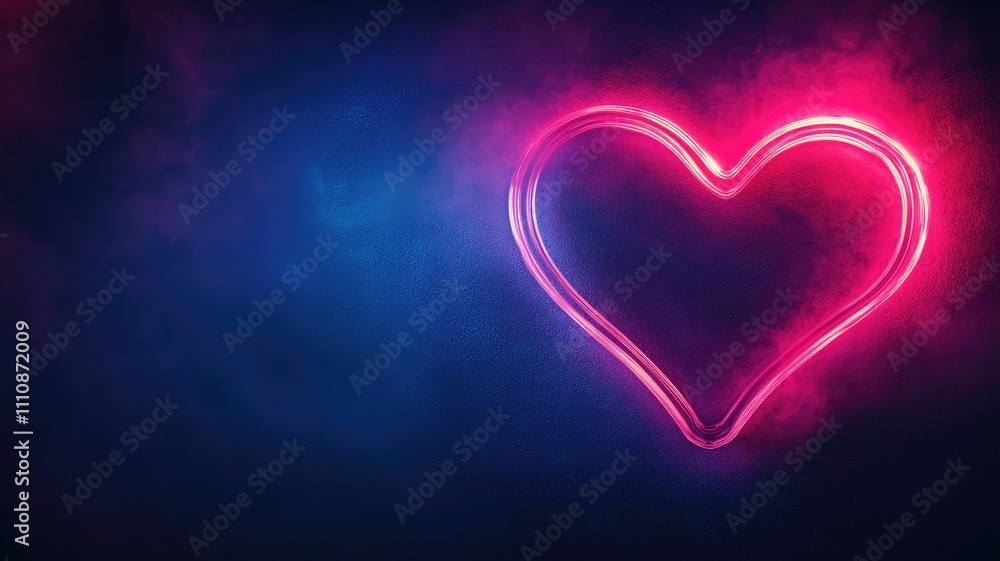 Neon heart glowing against dark, smoky background Neon heart glowing against dark, smoky background