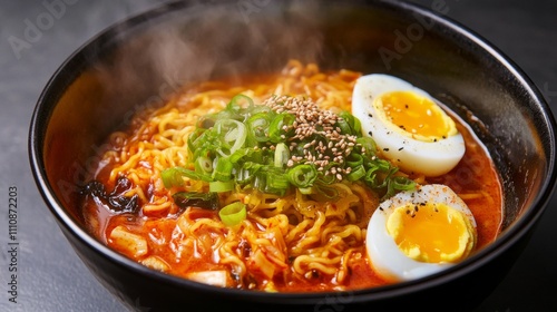 Photo of, A bowl of spicy kimchi ramen garnished with sliced green onions and a soft-boiled egg, Kimchi ramen bowl centered